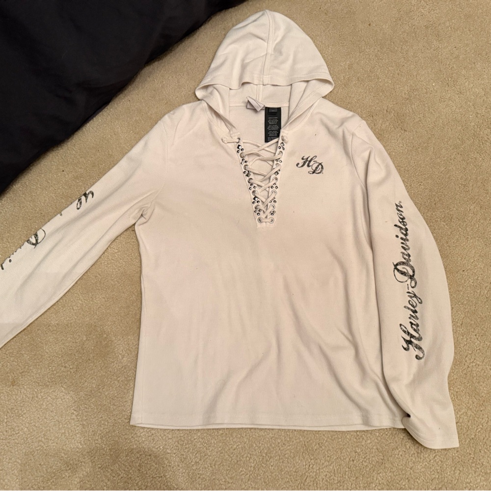 Harley-Davidson Off-White Hoodie with Lace-Up Detail